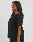 Side view of black boat neck tee_ relaxed fit soft feel