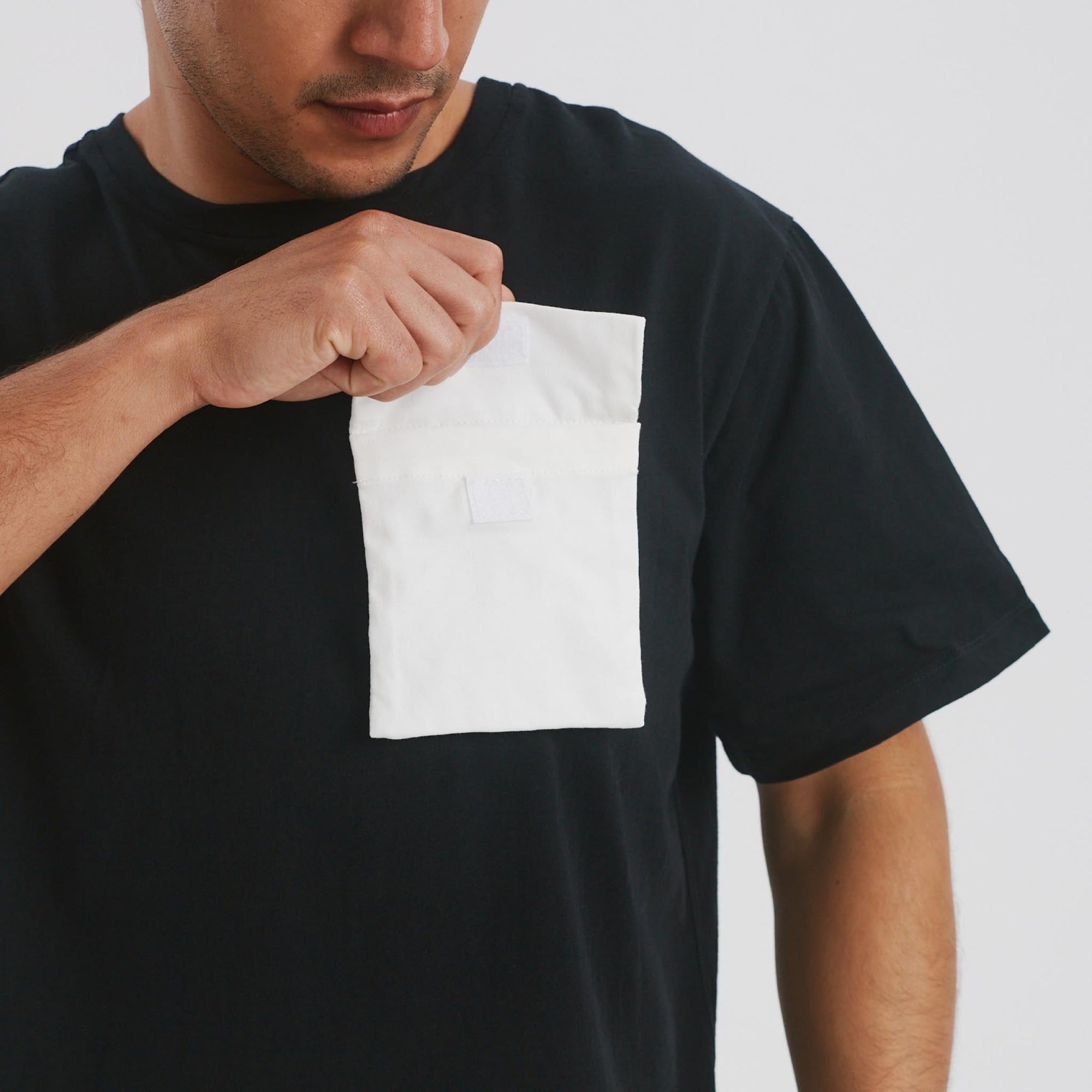 White iron-on pocket front view_seamless add-on for accessible dressing