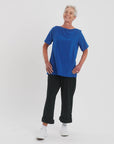 Model wearing French Blue boat neck top_sensory-friendly everyday wear_The Shapes United