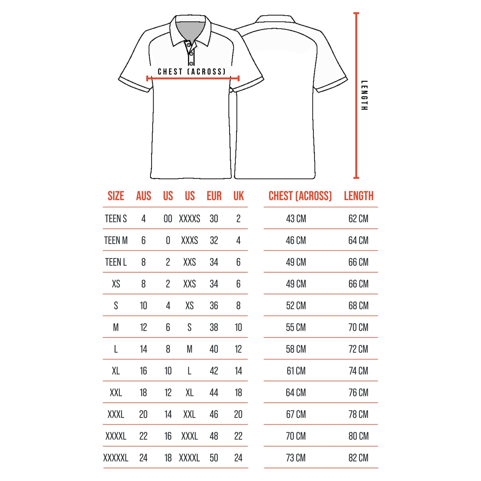 Size Guide - The Top Fastening Polo Shirt - The Shapes United
